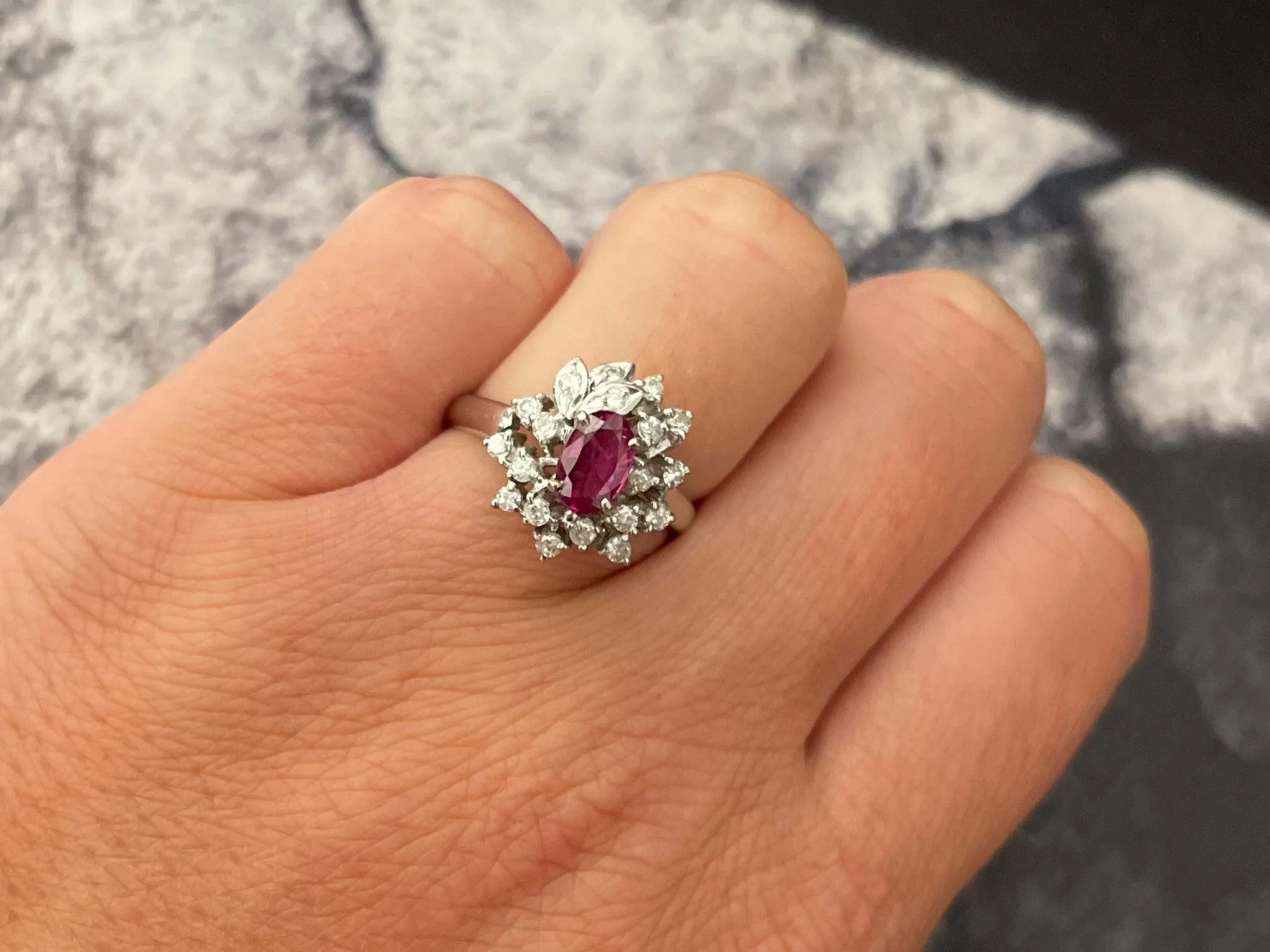 Oval Ruby and Diamond Cluster Ring in 14k White Gold