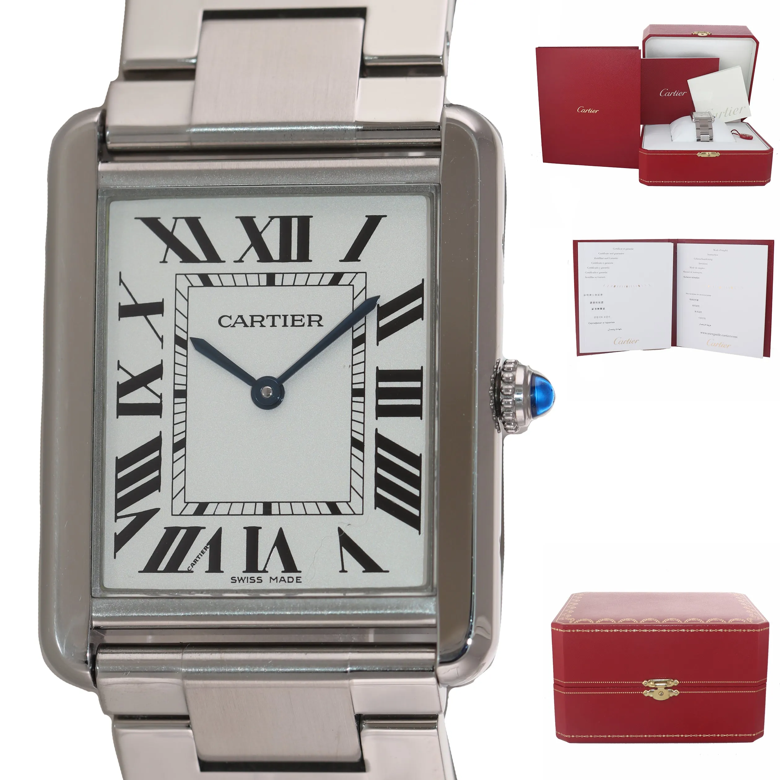 PAPERS Cartier Tank Solo 3169 W5200014 Steel White Silver Roman Quartz Watch