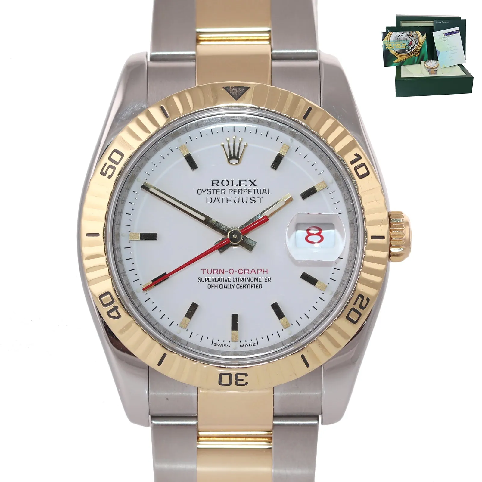 PAPERS Rolex DateJust 116263 Turn-O-Graph 36mm Thunderbird White Oyster Watch