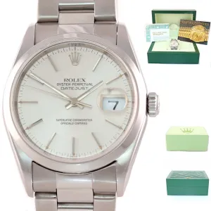 PAPERS Rolex DateJust 36mm 16200 Steel Silver Stick Dial Oyster Watch Box