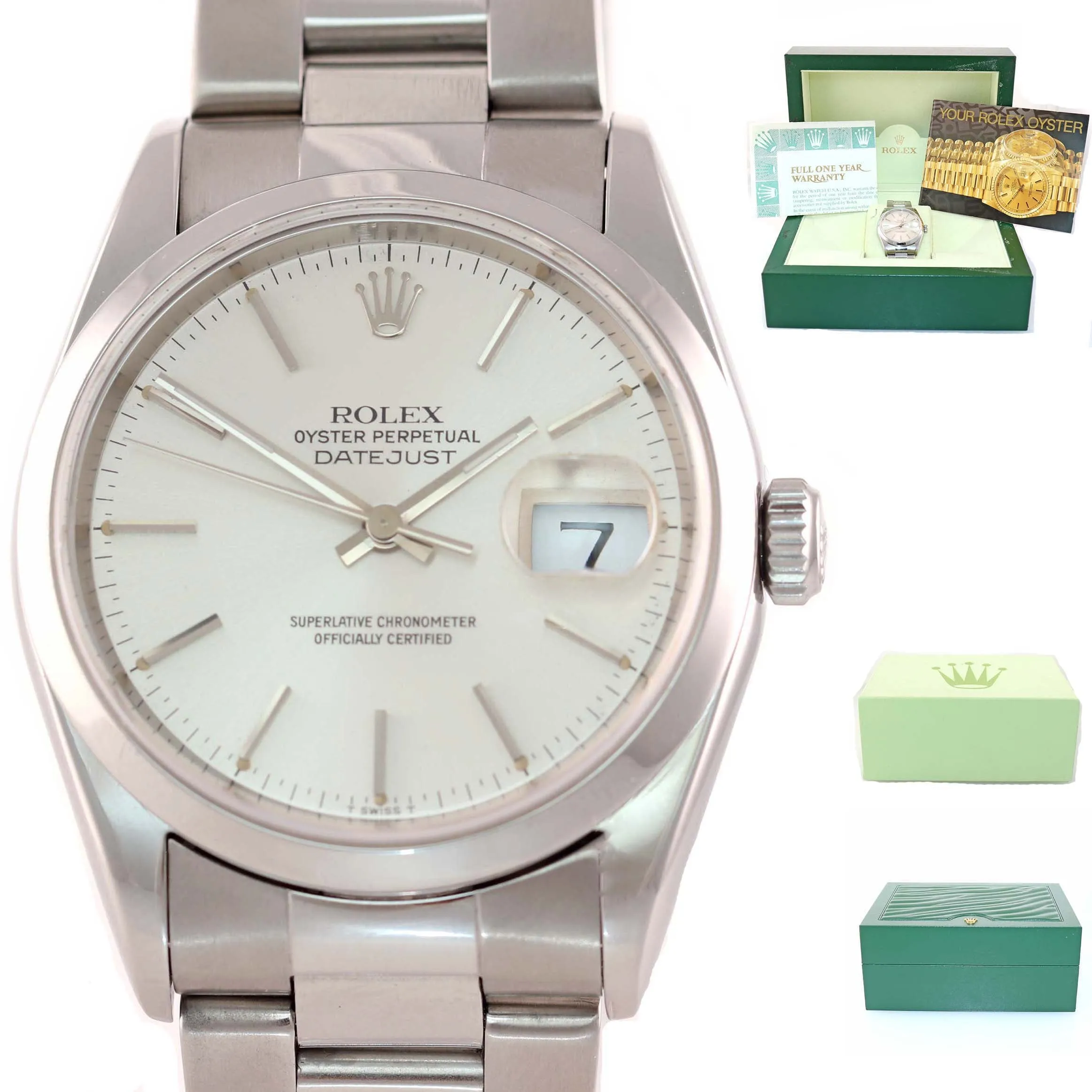 PAPERS Rolex DateJust 36mm 16200 Steel Silver Stick Dial Oyster Watch Box