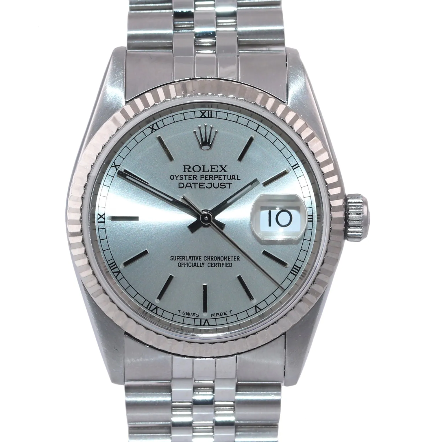 PAPERS Rolex DateJust 36mm 16234 Steel Silver Stick Jubilee 18k Fluted Watch