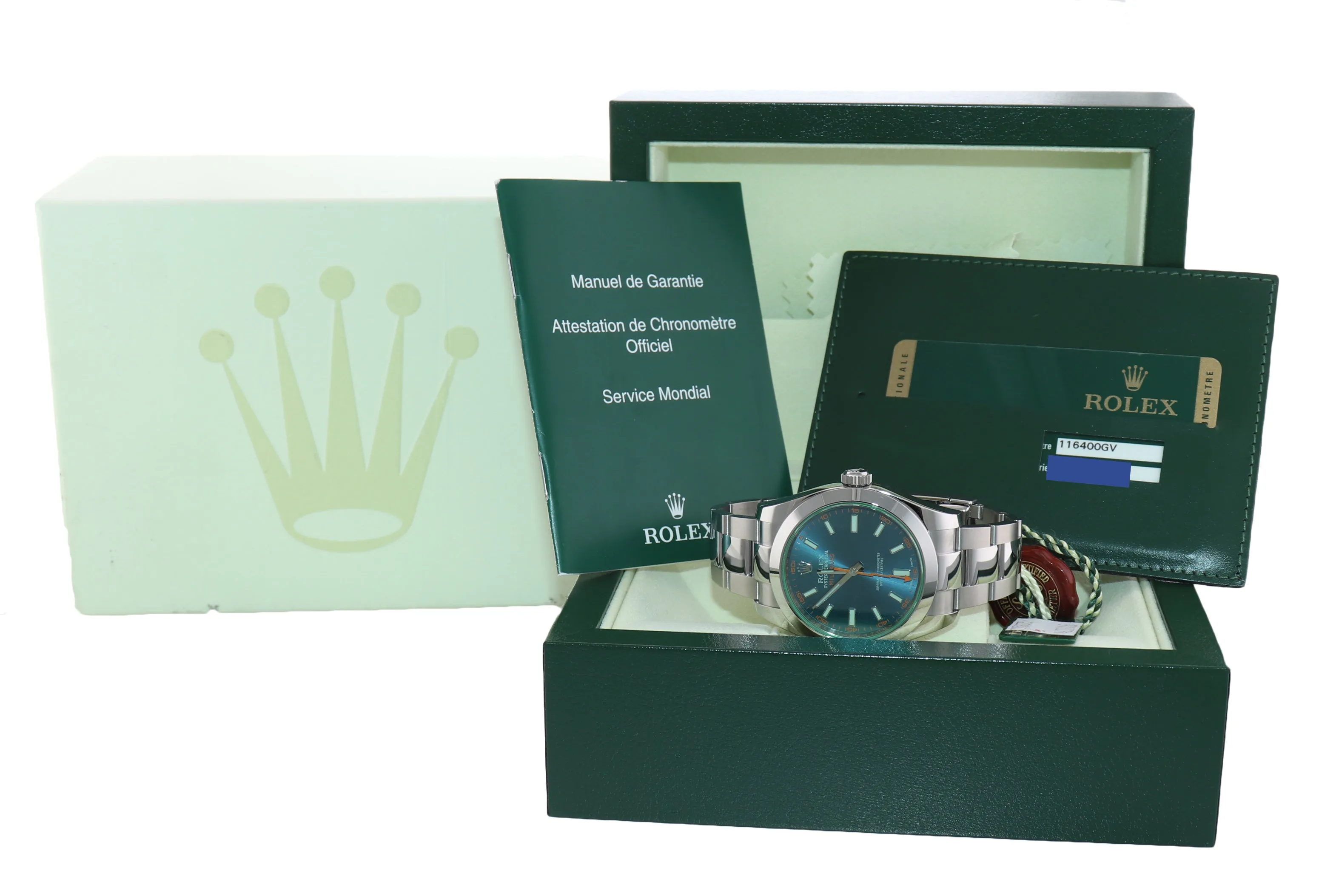 PAPERS Rolex Milgauss Blue Dial Anniversary Green 116400GV Steel Watch Box