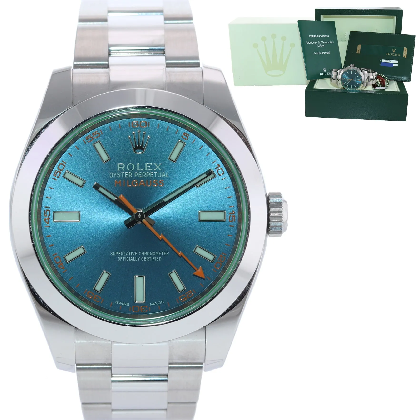 PAPERS Rolex Milgauss Blue Dial Anniversary Green 116400GV Steel Watch Box