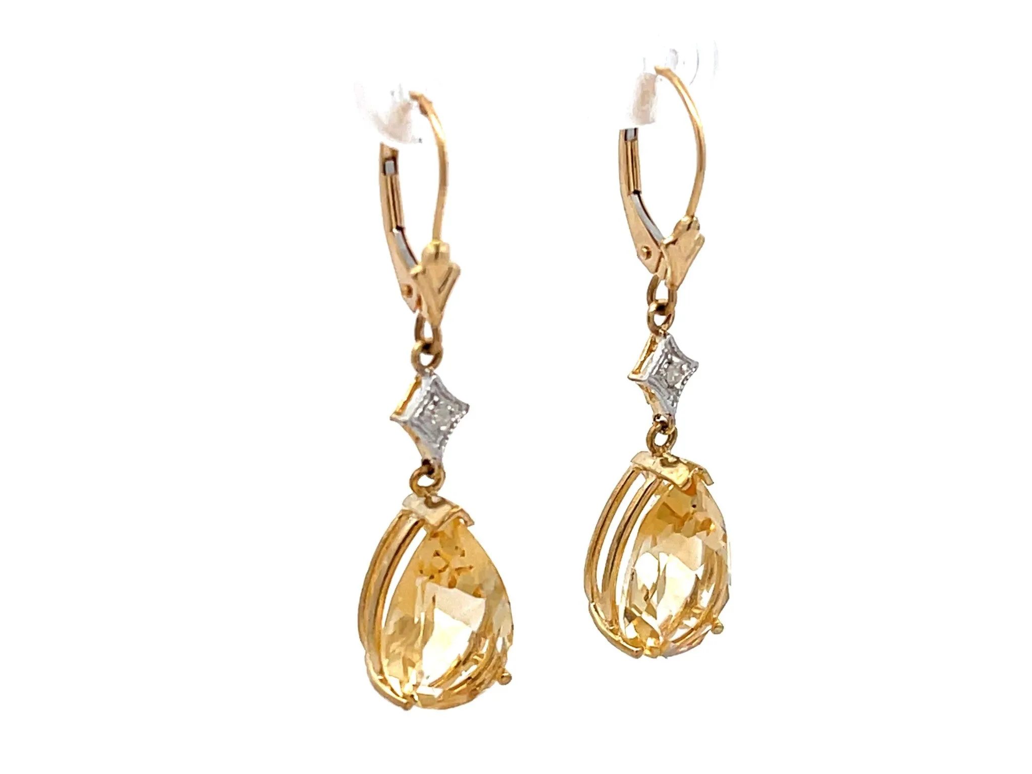 Pear Shaped Yellow Topaz Drop Diamond Dangly Earrings in 14K Yellow Gold