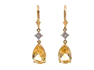Pear Shaped Yellow Topaz Drop Diamond Dangly Earrings in 14K Yellow Gold