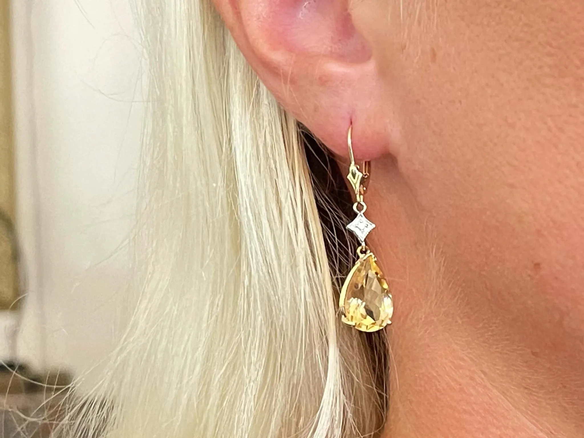 Pear Shaped Yellow Topaz Drop Diamond Dangly Earrings in 14K Yellow Gold