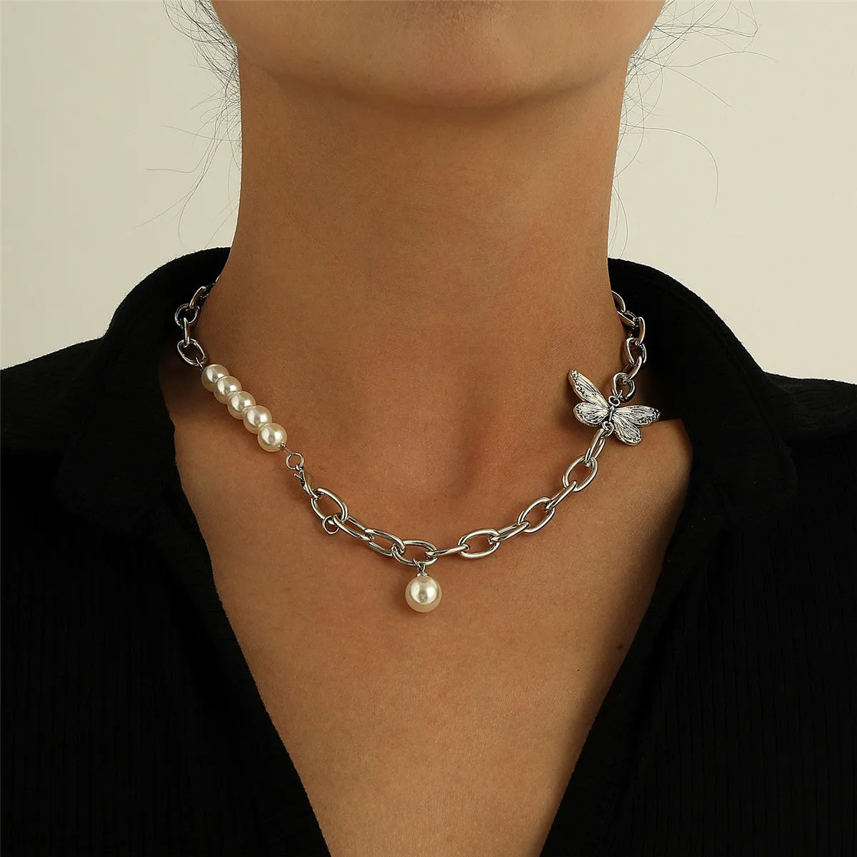 Pearl & Silver-Plated Butterfly Collar Necklace