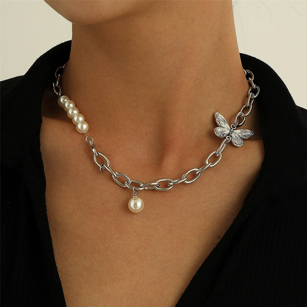 Pearl & Silver-Plated Butterfly Collar Necklace