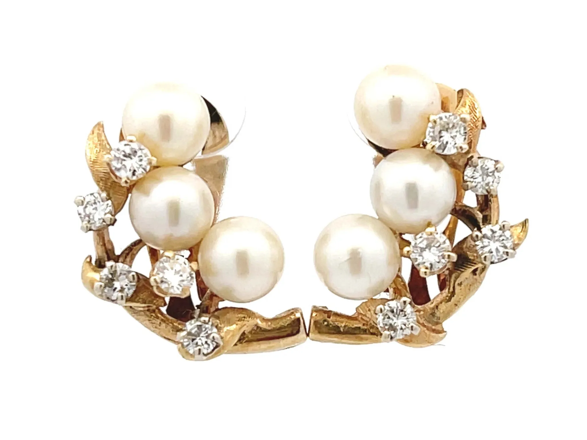 Pearl and Diamond Leaf Branch Earrings in 14K Yellow Gold