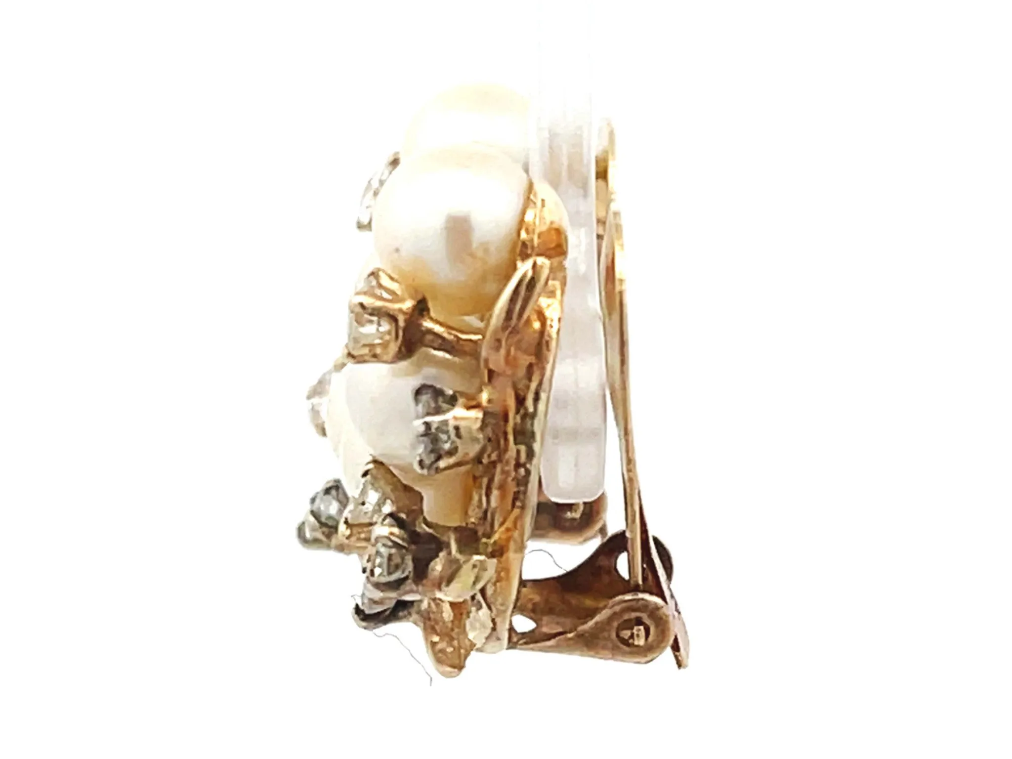 Pearl and Diamond Leaf Branch Earrings in 14K Yellow Gold