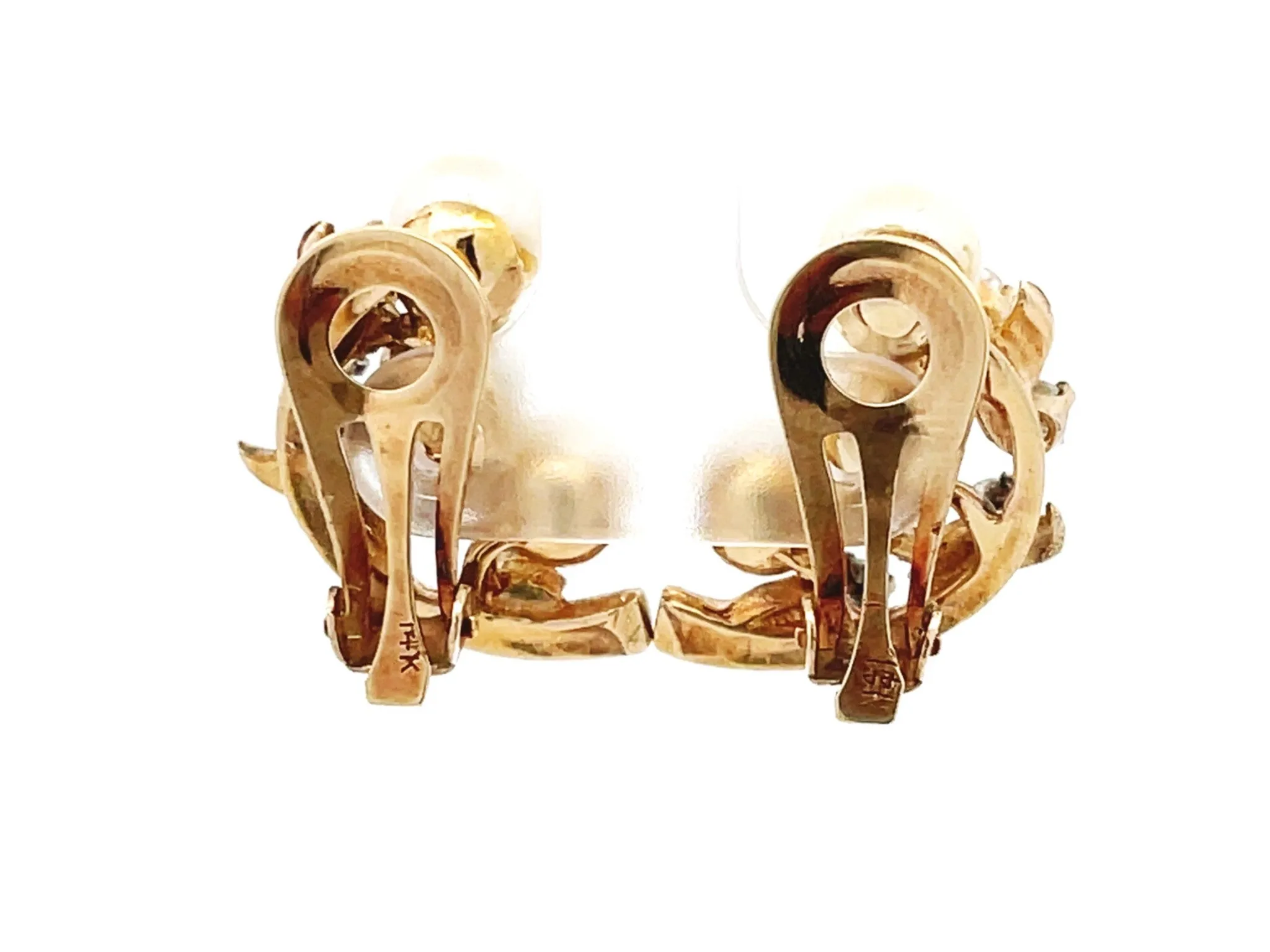 Pearl and Diamond Leaf Branch Earrings in 14K Yellow Gold
