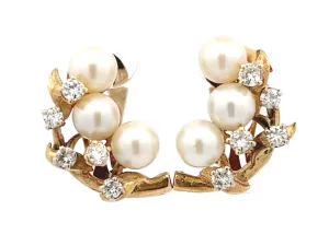 Pearl and Diamond Leaf Branch Earrings in 14K Yellow Gold