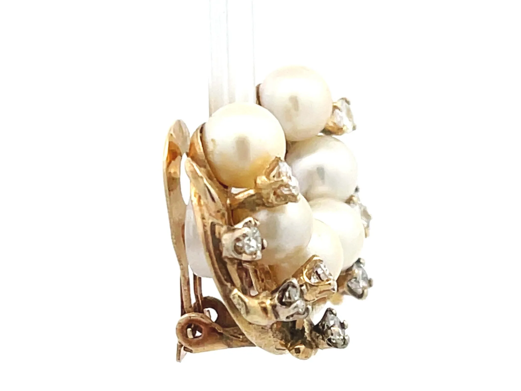 Pearl and Diamond Leaf Branch Earrings in 14K Yellow Gold
