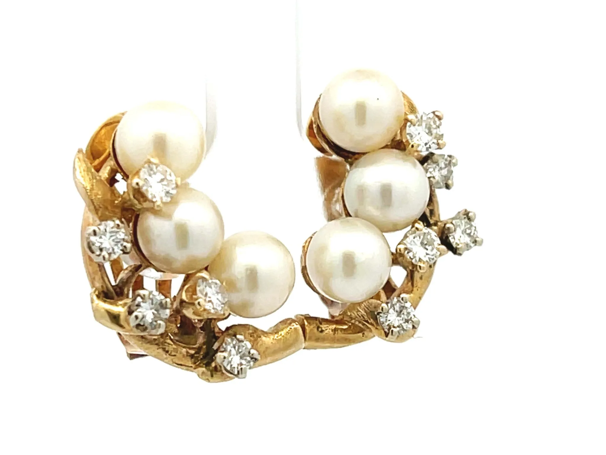 Pearl and Diamond Leaf Branch Earrings in 14K Yellow Gold