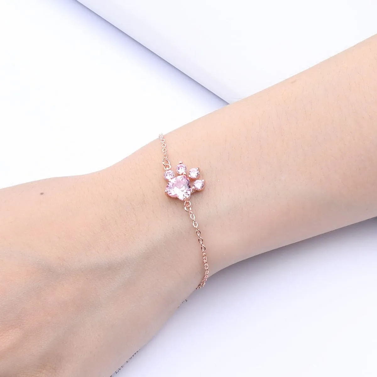 Pink Crystal & 18K Rose Gold-Plated Crystal Paw Print Charm Bracelet
