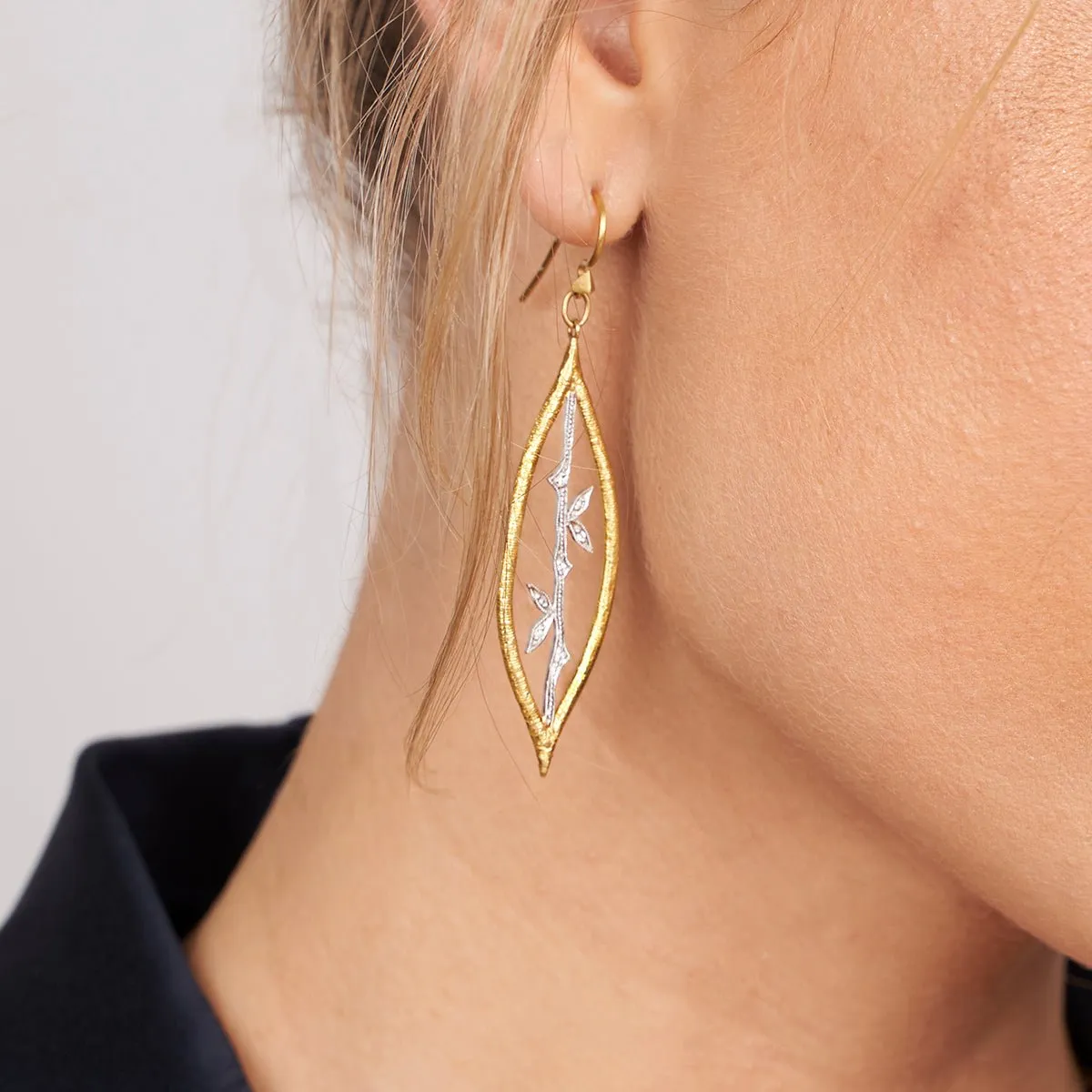 Platinum and 22K Gold "Etched Marquise Bamboo" Earrings