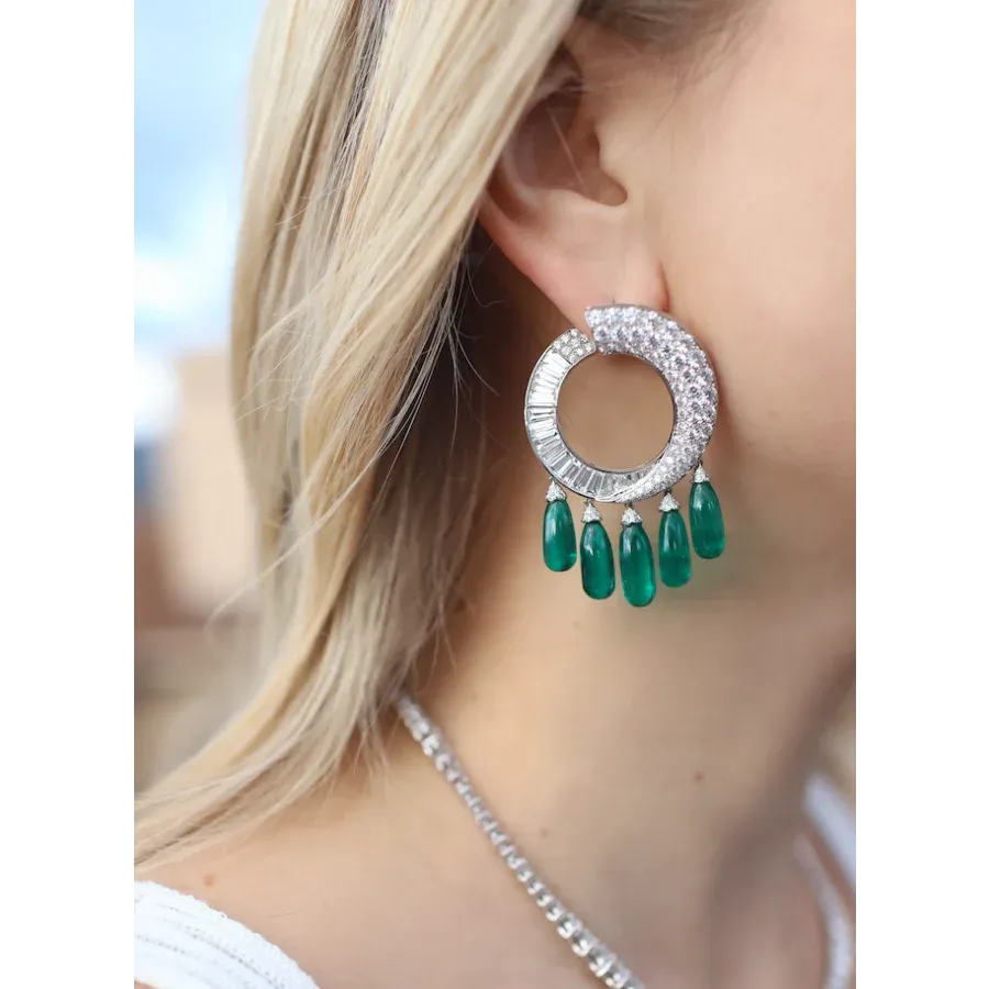 Platinum Chandelier Emerald and Diamond Earrings