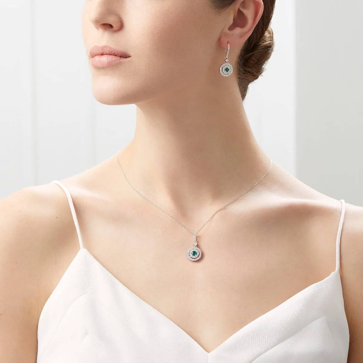 Platinum Drop Earrings with Emerald and Diamonds