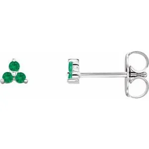 Platinum Natural Emerald Three Stone Earrings