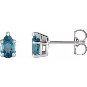 Platinum Natural London Blue Topaz 5-Prong Claw Stud Earrings