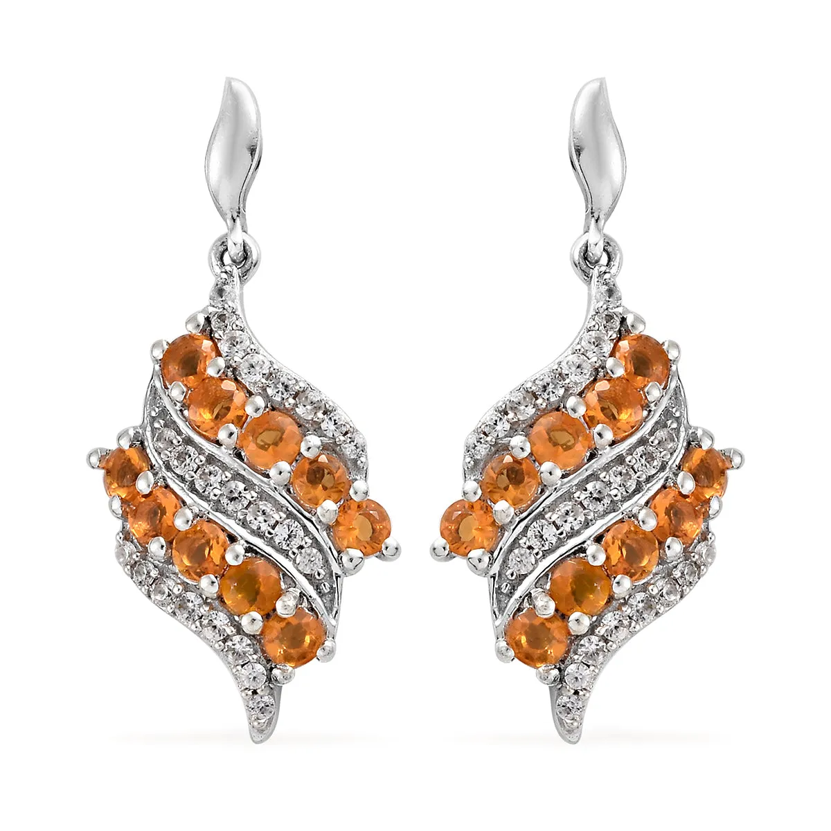 Platinum over Sterling Silver 1.30cts. Fire Opal & White Zircon Drop Earrings