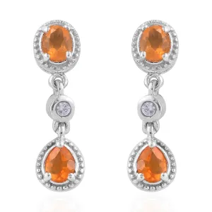 Platinum over Sterling Silver Mexican FIRE OPAL & Zircon Halo Drop Earrings