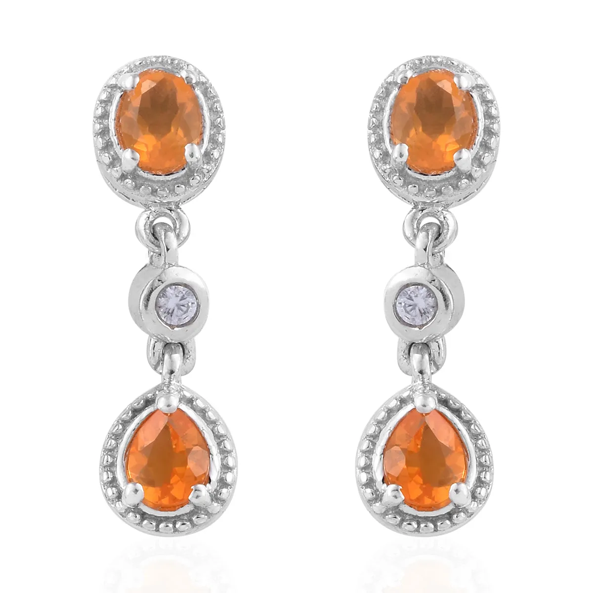 Platinum over Sterling Silver Mexican FIRE OPAL & Zircon Halo Drop Earrings