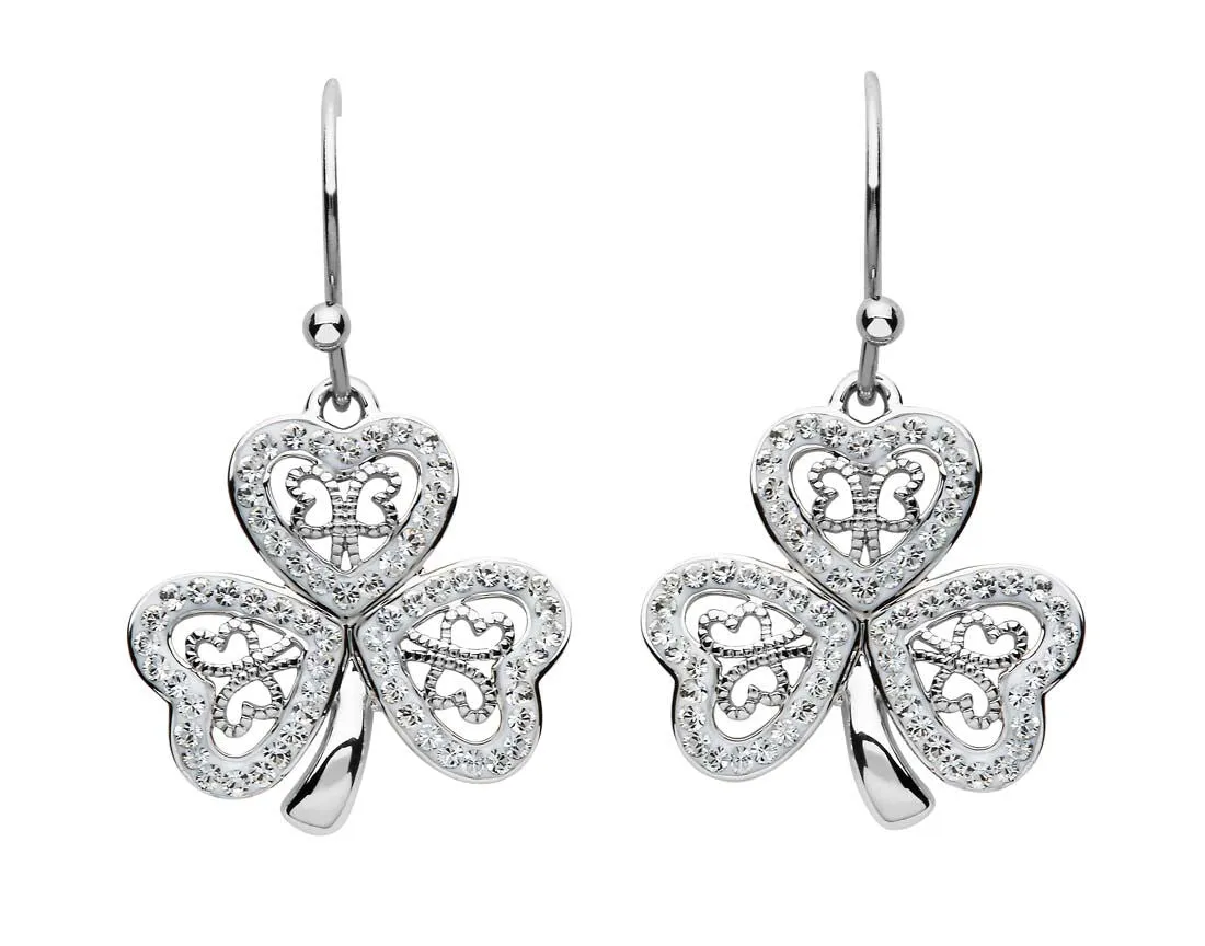 Platinum Plated Filigree Shamrock Drop Earrings With Clear Crystals