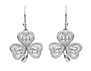 Platinum Plated Filigree Shamrock Drop Earrings With Clear Crystals