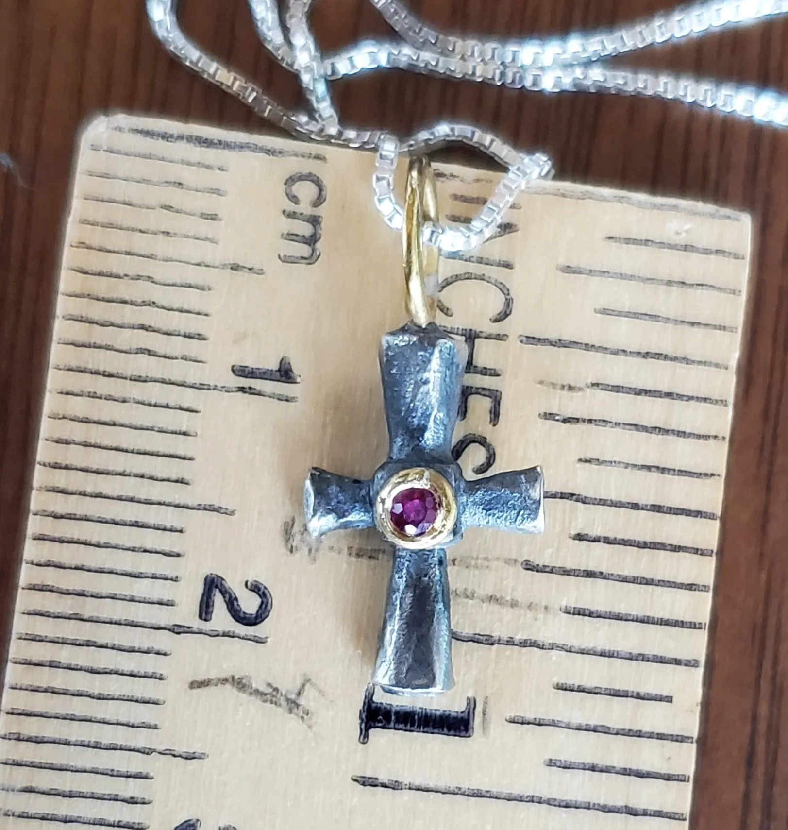 Prehistoric Works Sterling Silver Byzantine Cross w/Ruby 24K Gold