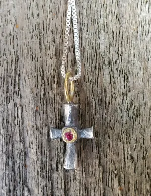 Prehistoric Works Sterling Silver Byzantine Cross w/Ruby 24K Gold