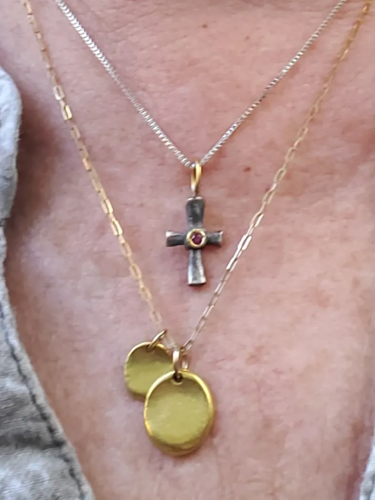 Prehistoric Works Sterling Silver Byzantine Cross w/Ruby 24K Gold