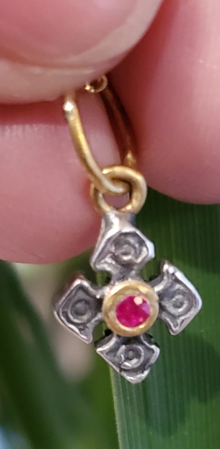 Prehistoric Works Sterling Silver Mini Pontus Cross with a ruby set in 24K gold