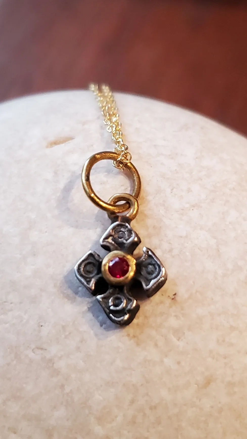 Prehistoric Works Sterling Silver Mini Pontus Cross with a ruby set in 24K gold