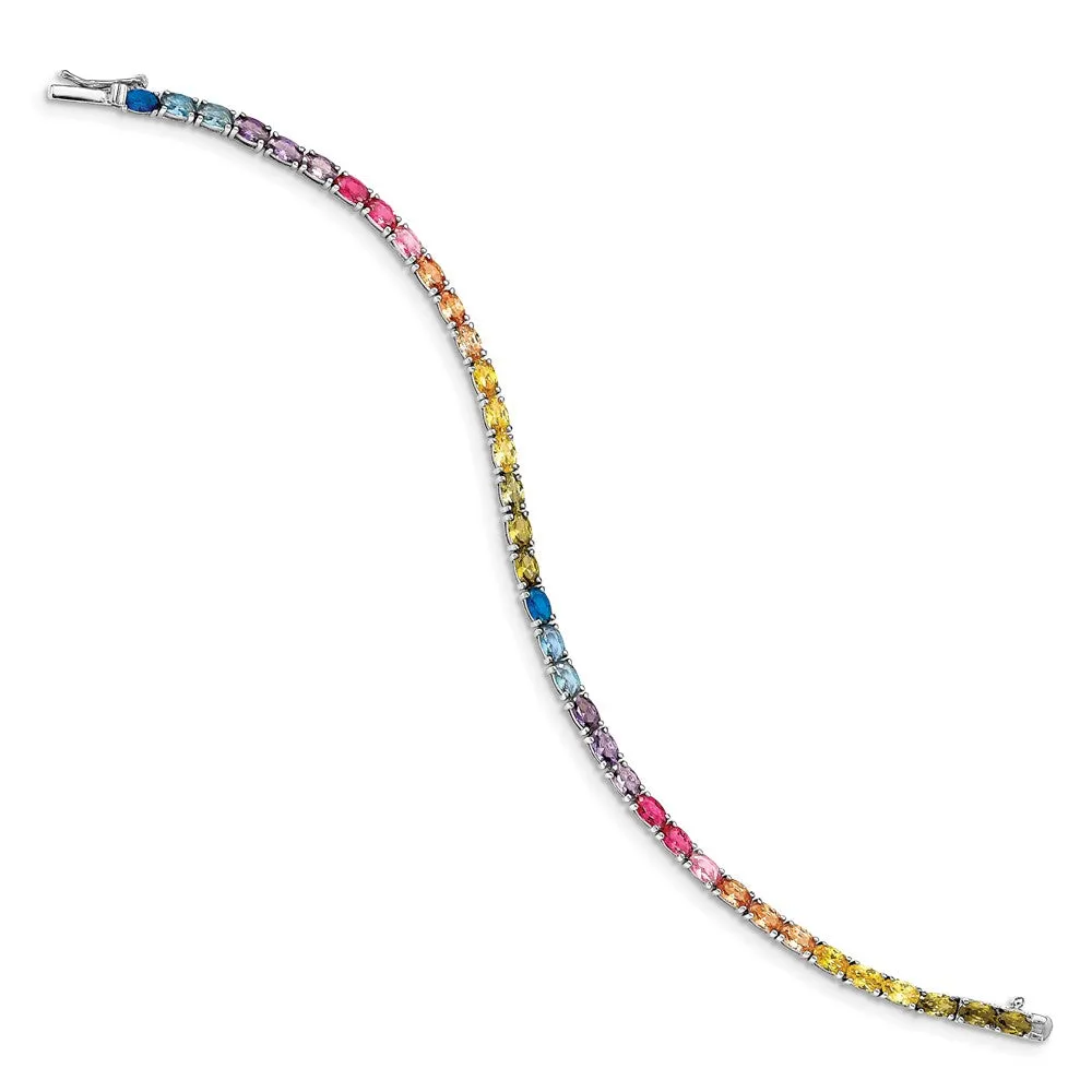 Prizma Sterling Silver Rhodium-plated 7.5 inch Oval Colorful CZ Tennis Bracelet
