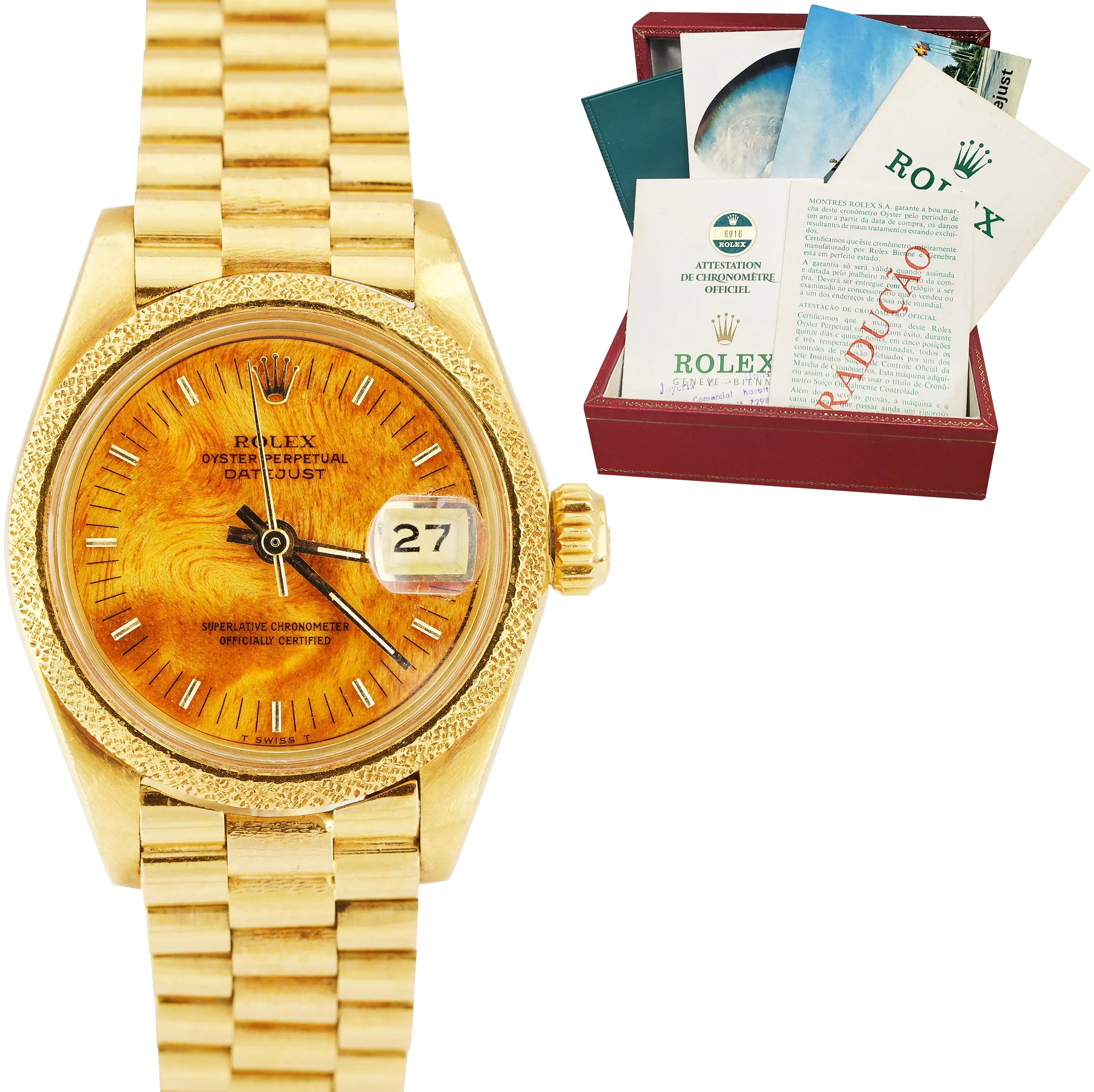 RARE Rolex DateJust President 6916 BURL WOOD 18K Yellow Gold 26mm Bark 69178 B P