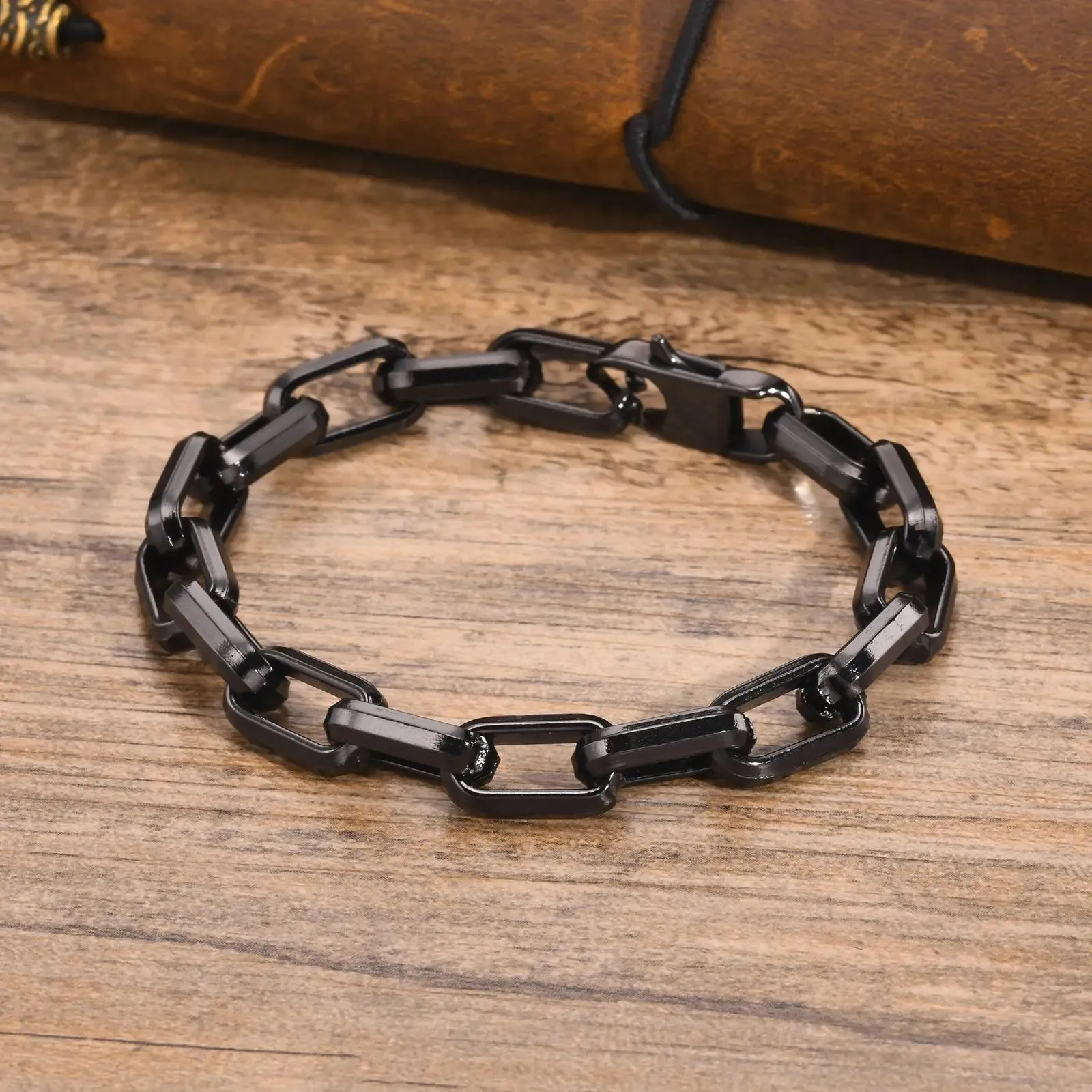 Rectangle Chain Bracelets for Men Boys,Gold Black Color Stainless Steel Wristband