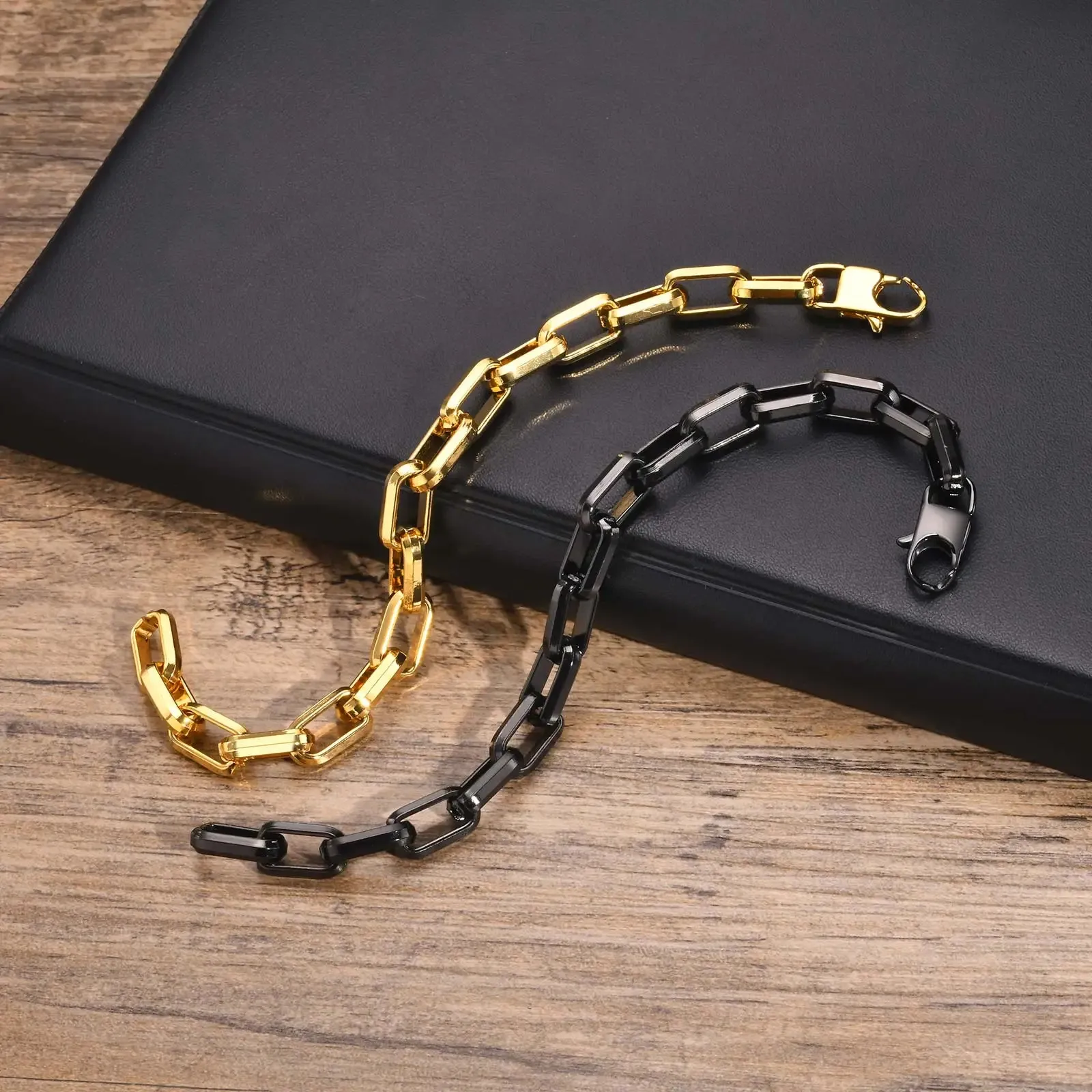 Rectangle Chain Bracelets for Men Boys,Gold Black Color Stainless Steel Wristband
