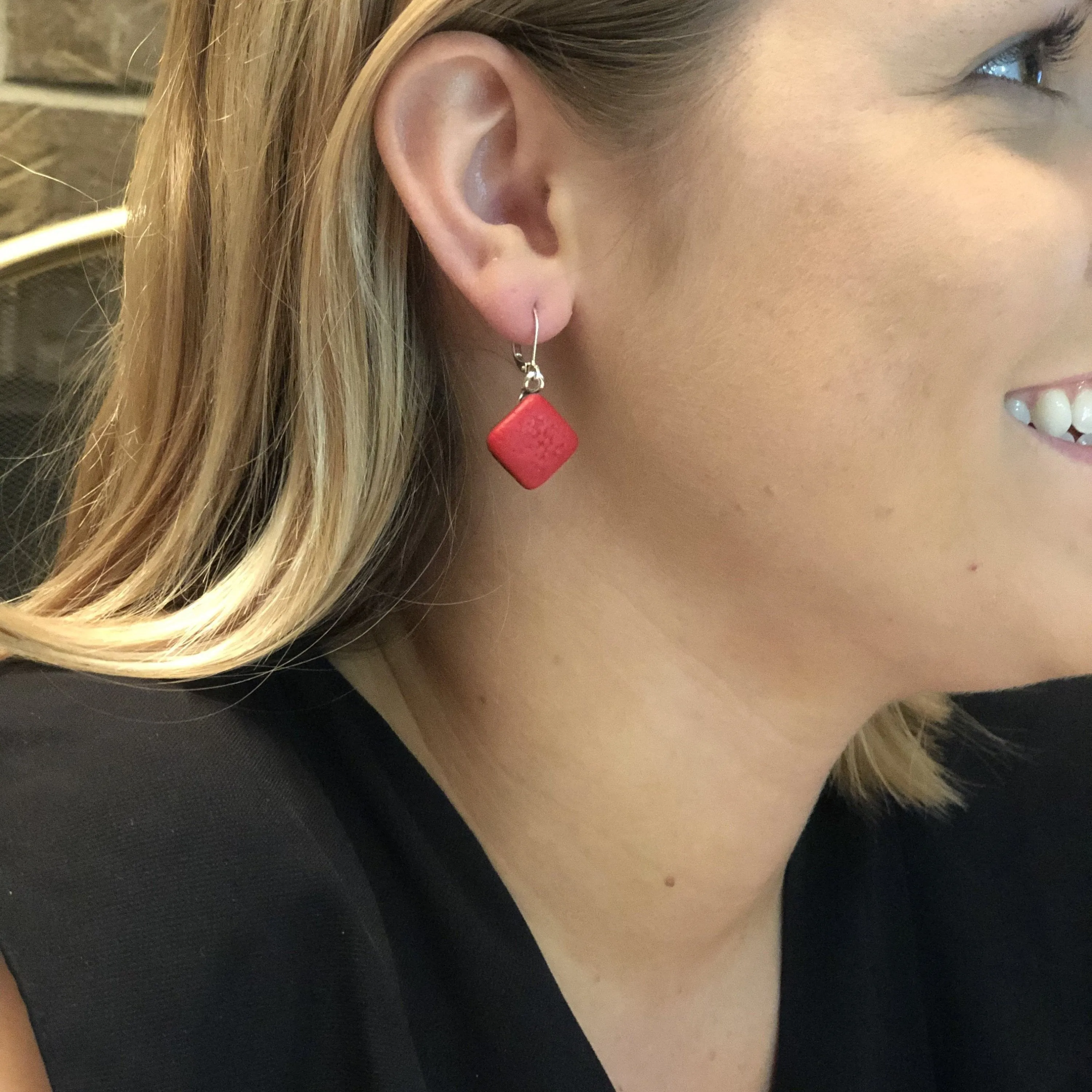 Red Diamond Dangle Earring  - Red  Earrings - Marble  Earrings