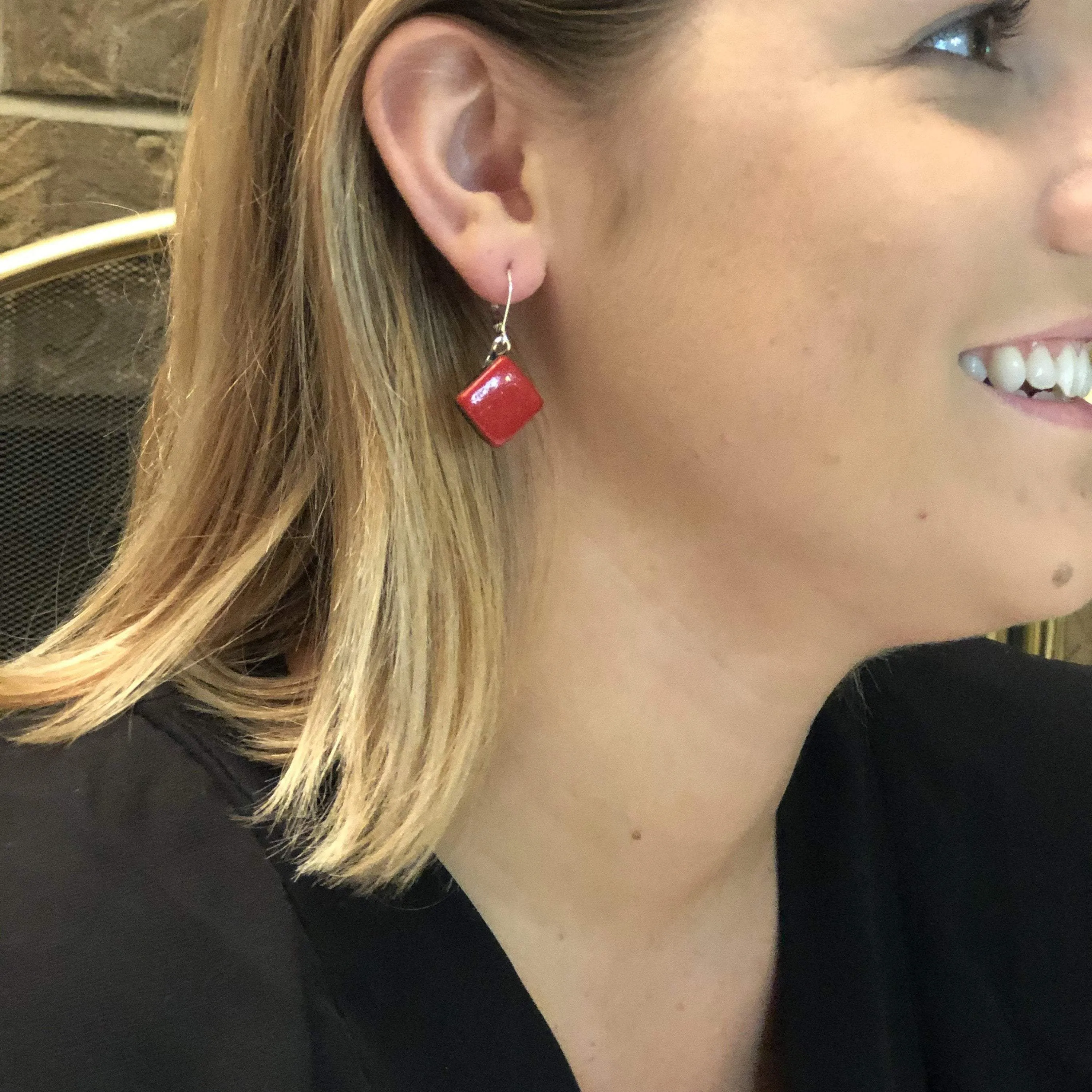 Red Diamond Dangle Earring  - Red  Earrings - Marble  Earrings