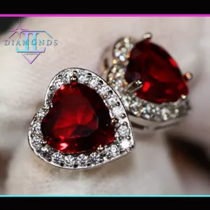 Red Diamond Ear Studs | Heart Ear Studs | Womens Red Diamond Ear Studs