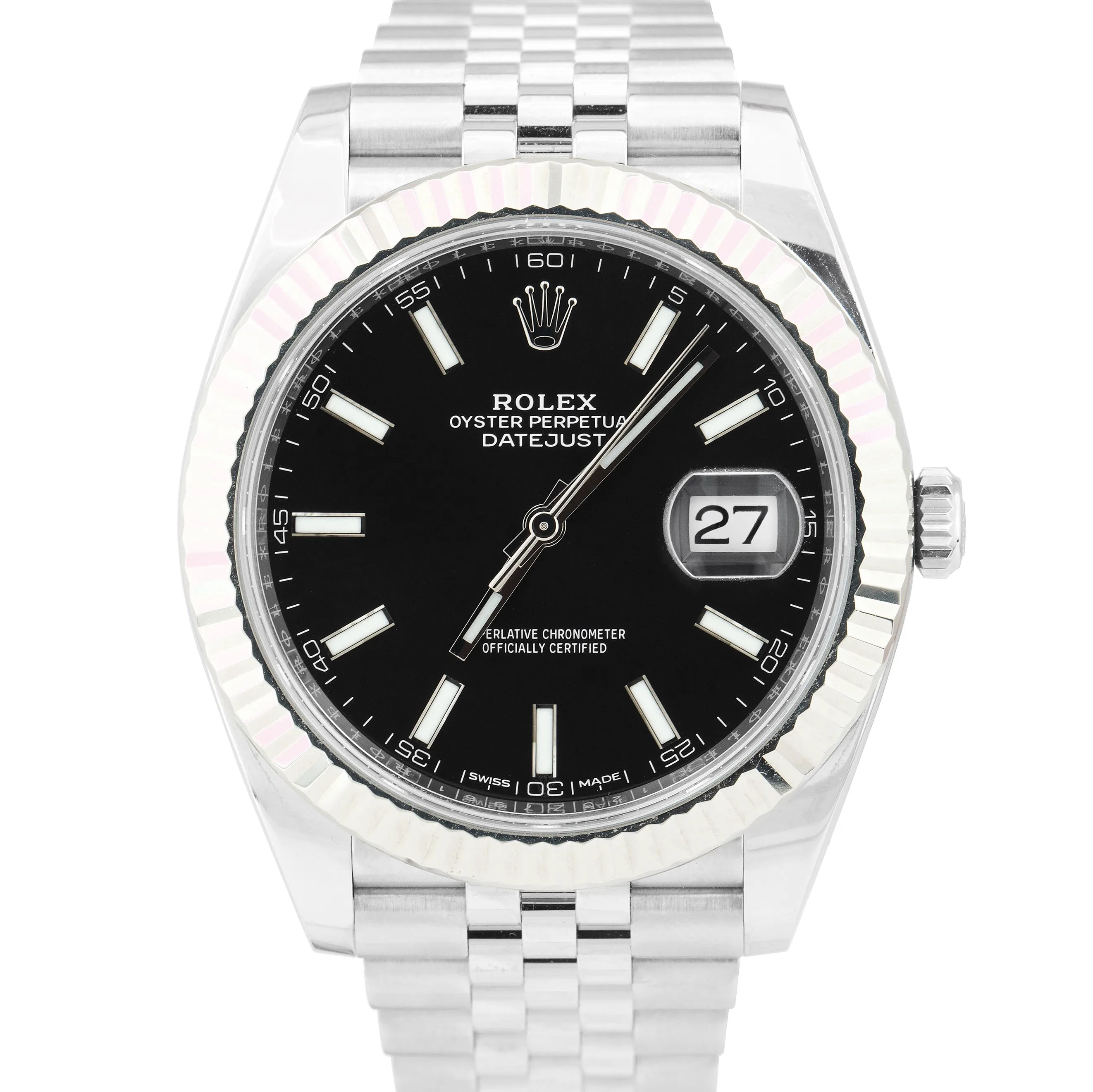 Rolex DateJust 41mm Stainless Steel White Gold Fluted BLACK JUBILEE Watch 126334