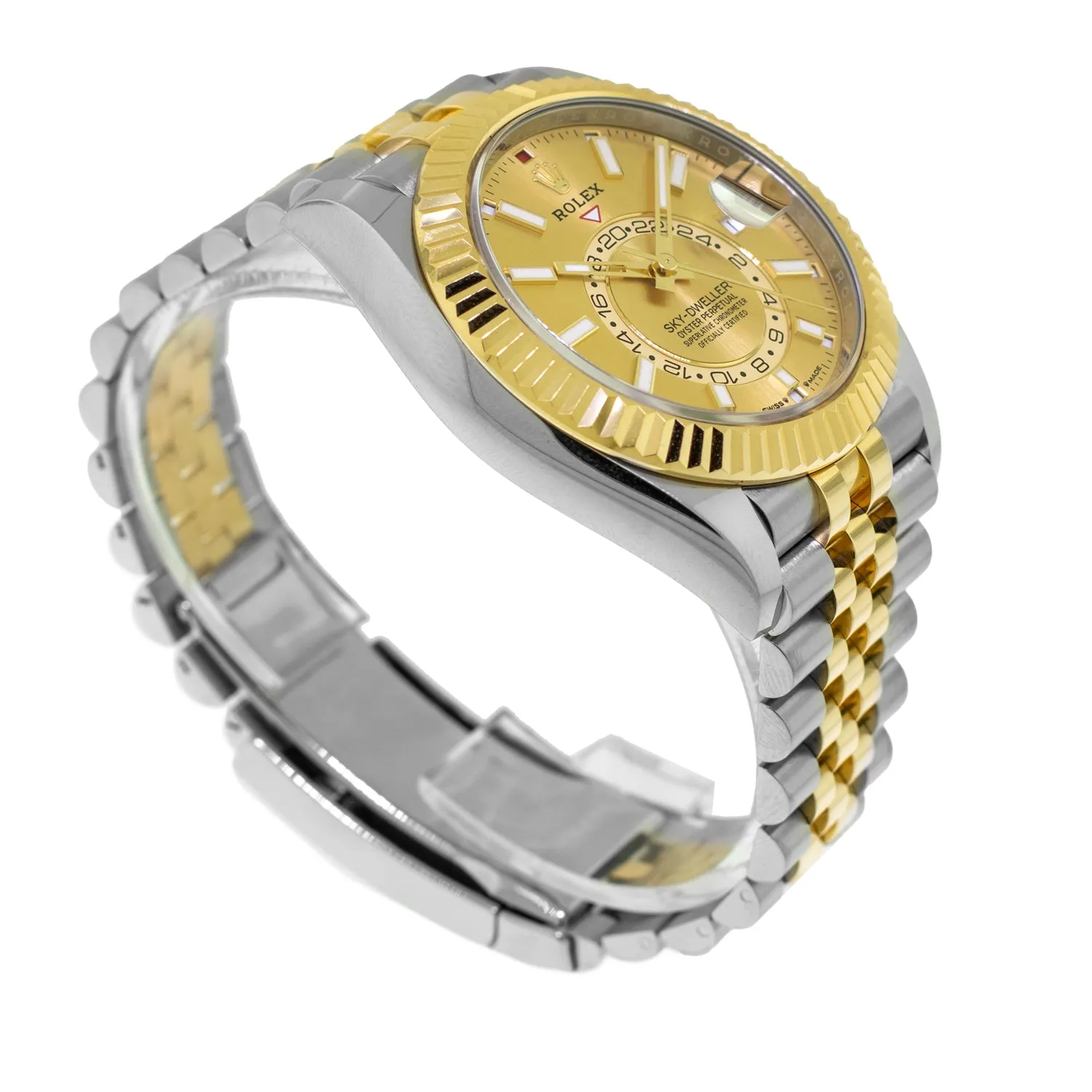 Rolex Sky-Dweller 42mm Yellow Gold & Stainless Steel Champagne Index Dial Fluted Bezel 336933