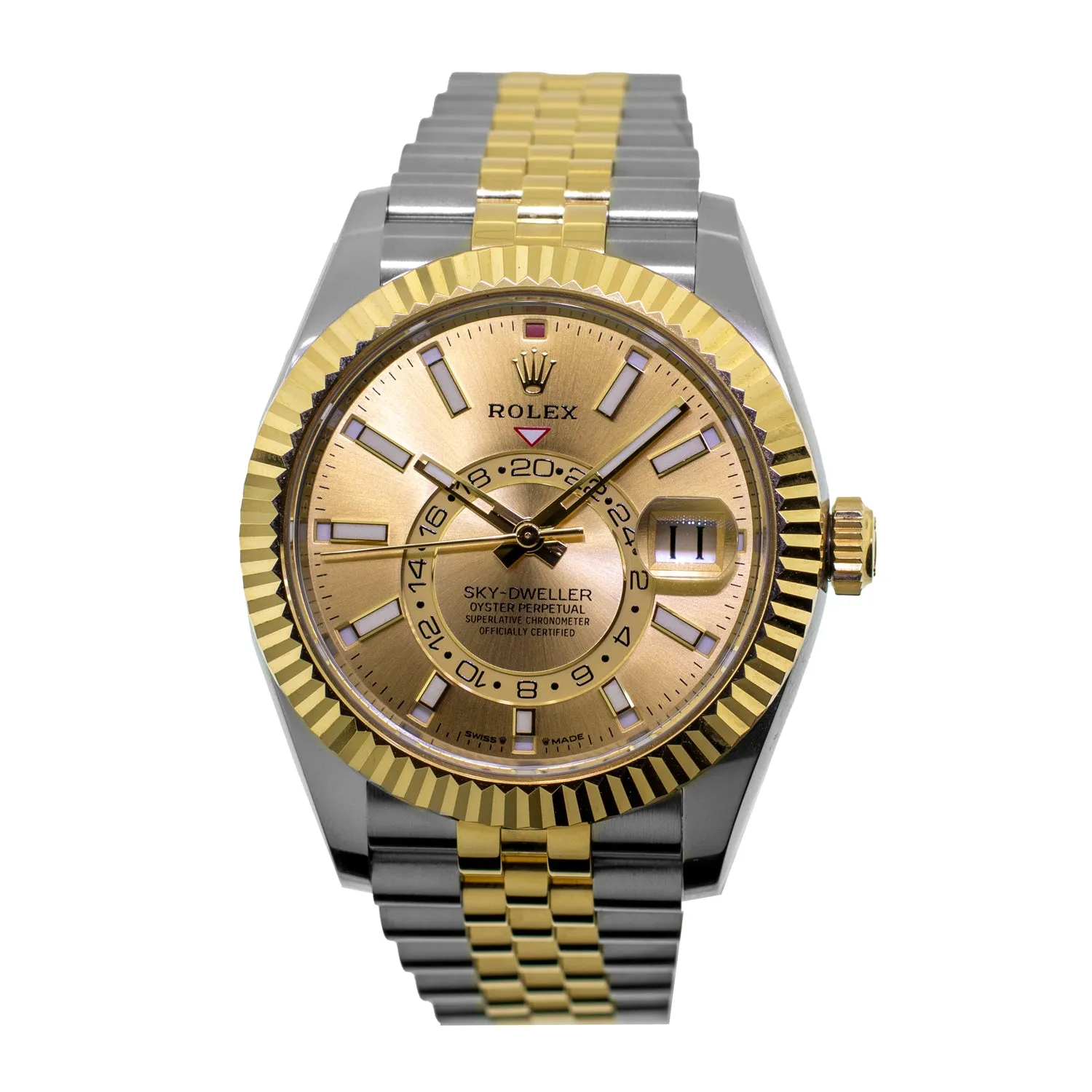 Rolex Sky-Dweller 42mm Yellow Gold & Stainless Steel Champagne Index Dial Fluted Bezel 336933