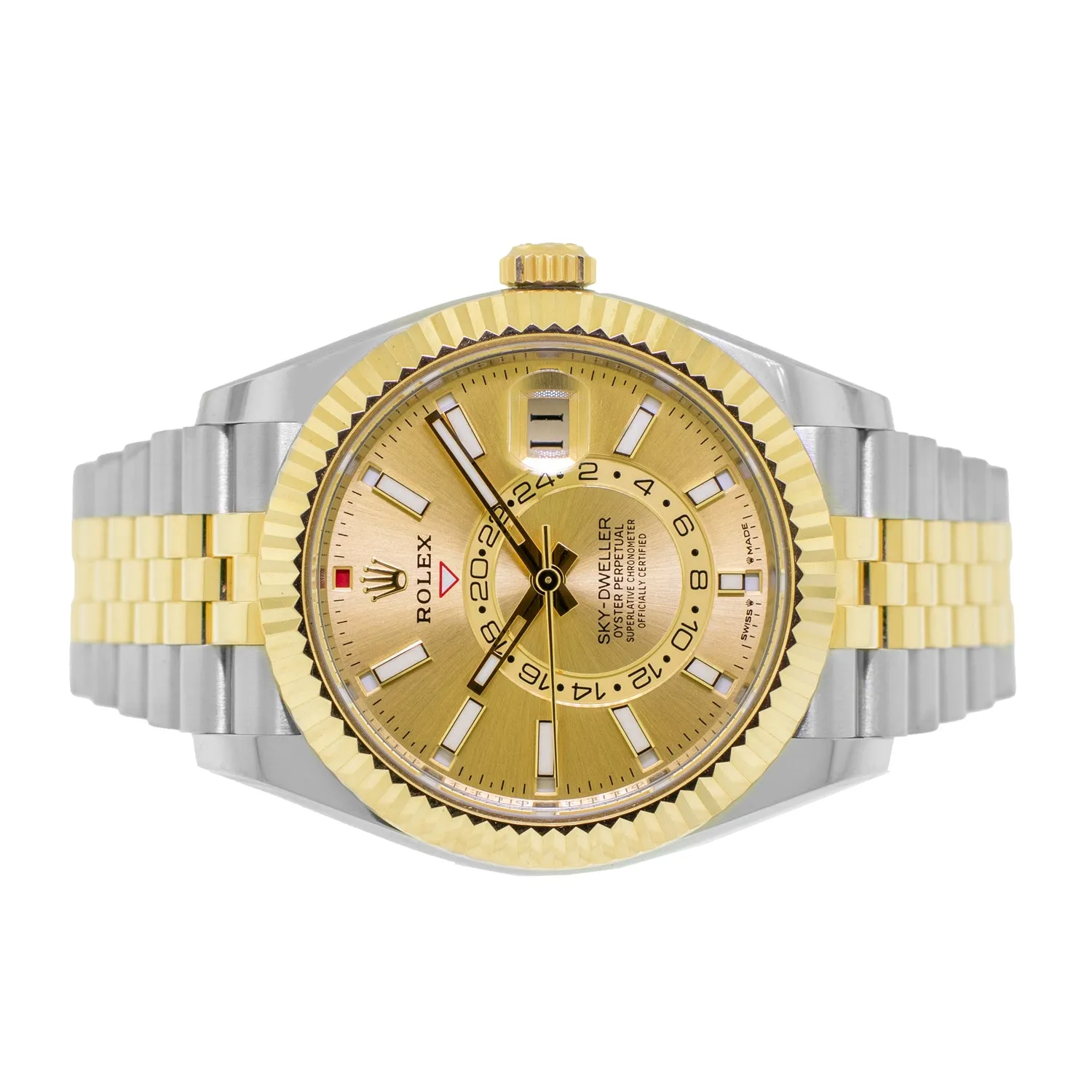 Rolex Sky-Dweller 42mm Yellow Gold & Stainless Steel Champagne Index Dial Fluted Bezel 336933
