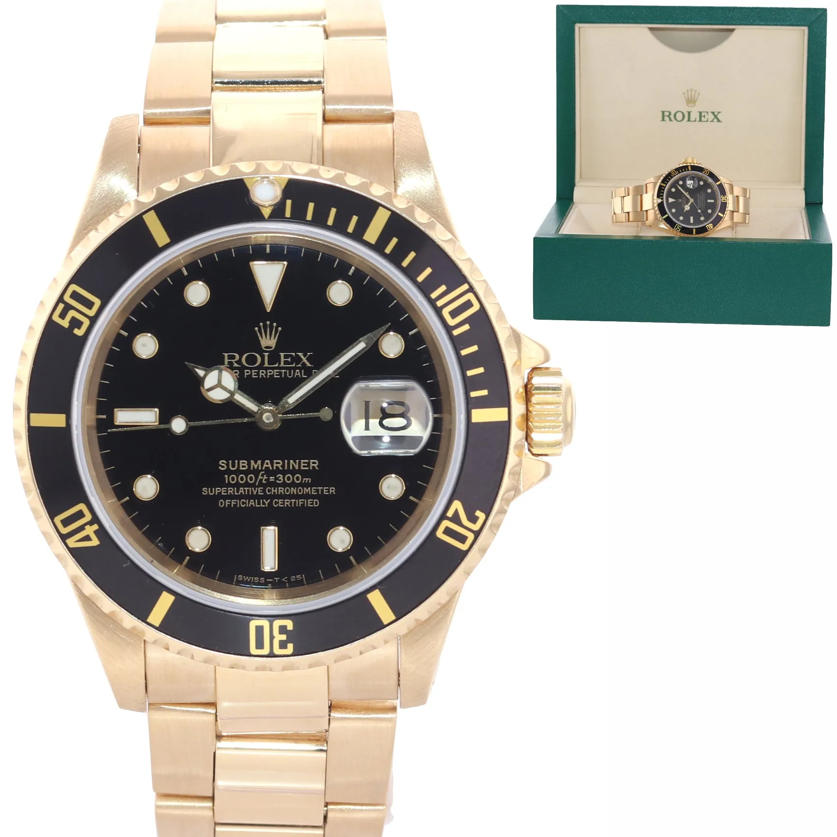 Rolex Submariner Date 16618 18k Yellow Gold Black Dial 40mm Oyster Watch Box