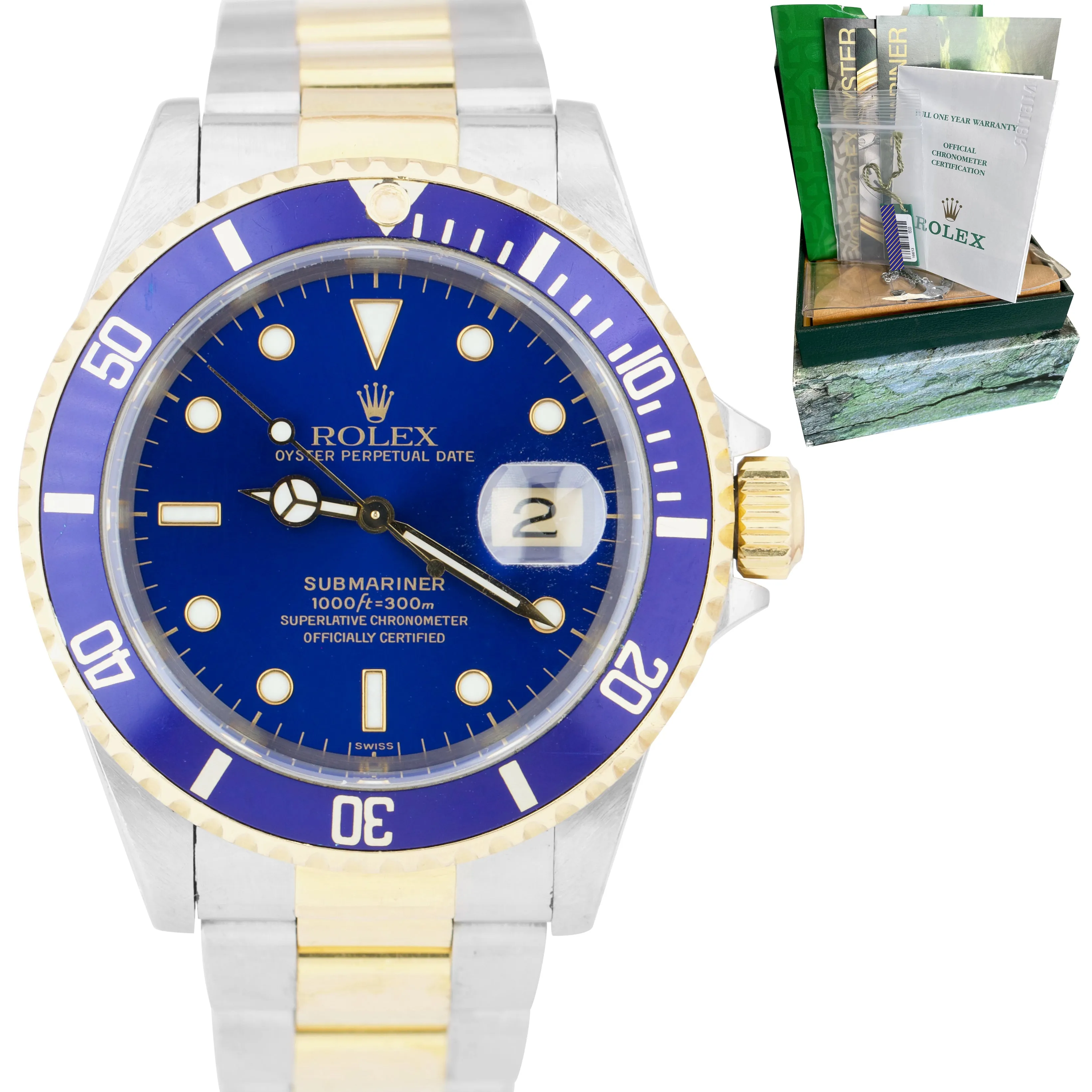Rolex Submariner Date SWISS ONLY A SERIES Steel Gold Blue 40mm Dive Watch 16613