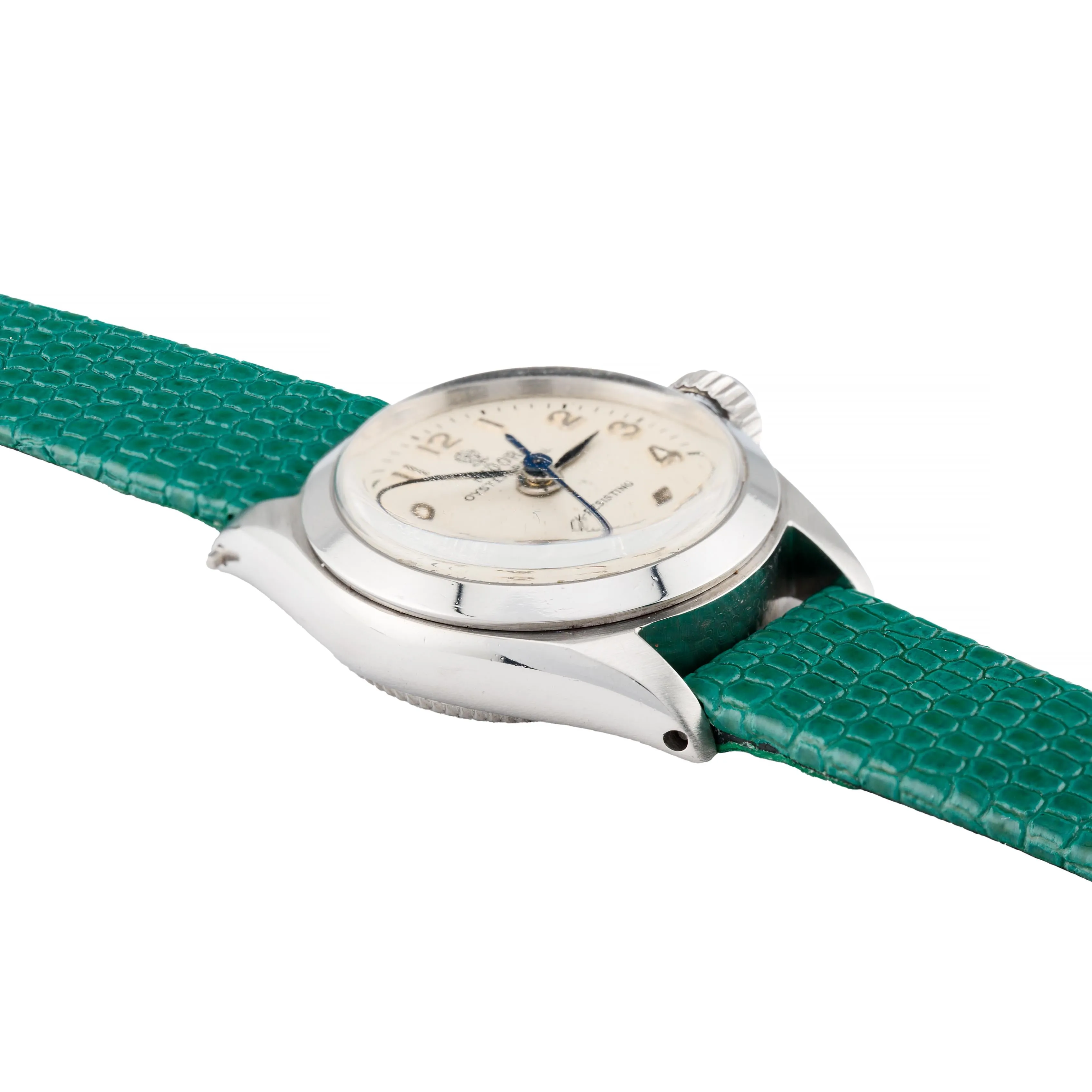 Rolex Tudor Vintage Stainless Steel Ladies Wrist Watch on Green Lizard Strap