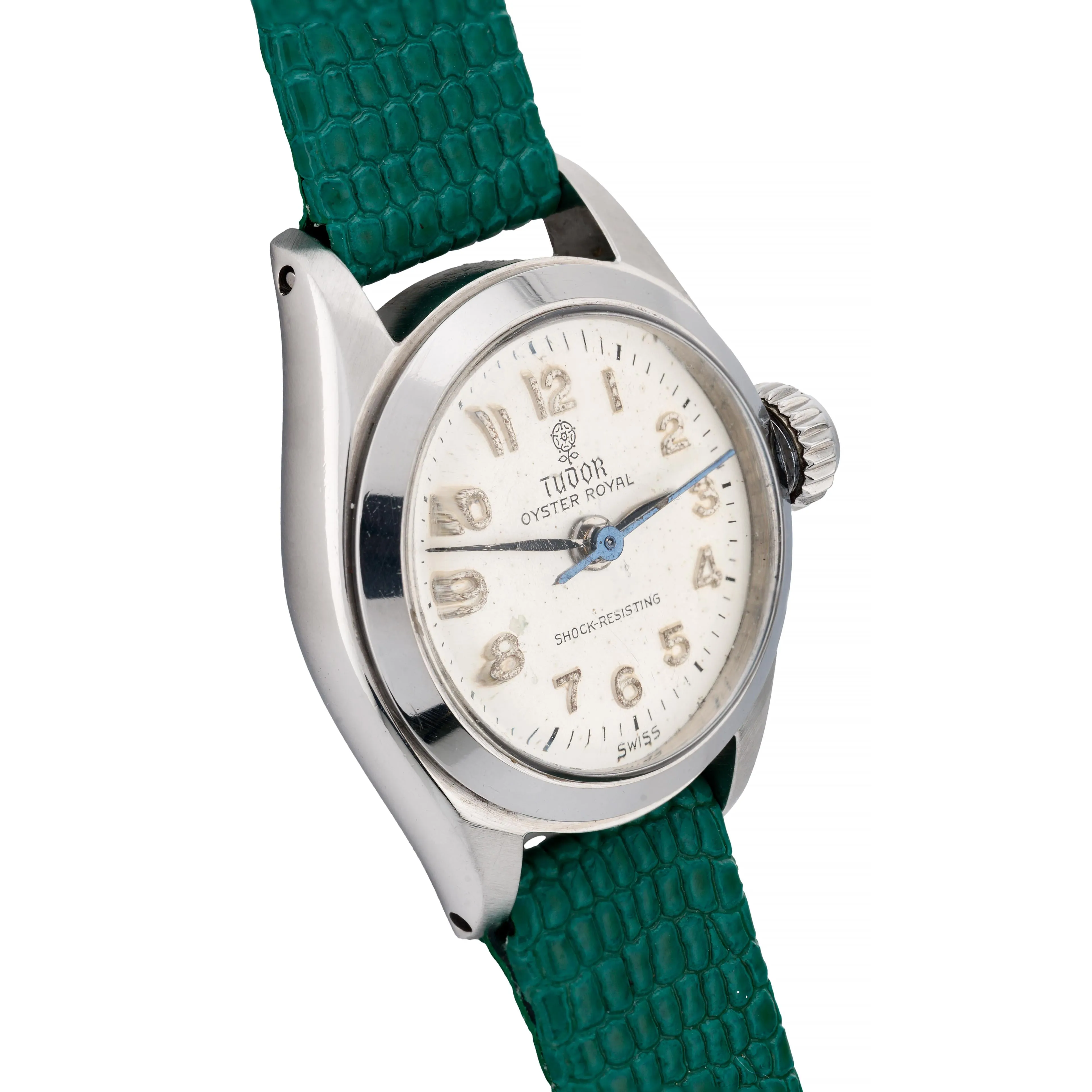 Rolex Tudor Vintage Stainless Steel Ladies Wrist Watch on Green Lizard Strap